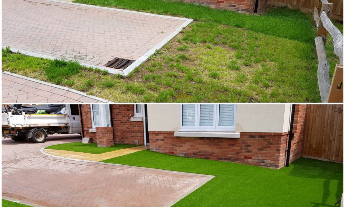 driveway before and after artificial grass installation